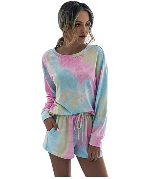 Sets Women's Two Piece Outfit Summer Tie Dyed Short Sleeve Shirt with Shorts Set Casual Lounge Romper Pajama Sets - Y-amultic...