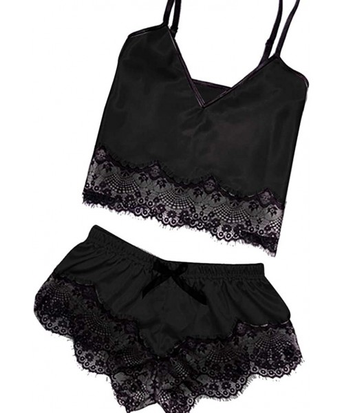 Sets Women's Lace Satin Sleepwear Leopard Print Cami Top and Shorts Pajama Set - A-black - CJ193G0SCKZ
