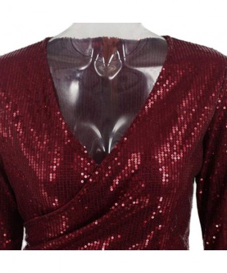 Thermal Underwear Women's Sequin Glitter V Neck Long Sleeve Sexy Wrap Front Bodycon Stretchy Mini Party Dress - Red - CS1942Q...