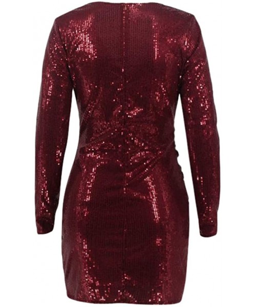 Thermal Underwear Women's Sequin Glitter V Neck Long Sleeve Sexy Wrap Front Bodycon Stretchy Mini Party Dress - Red - CS1942Q...