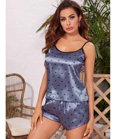 Sets Women's 2Pcs Heart Print Pajama Set Sleepwear Satin Cami PJ Top and Elastic Waist Shorts - Multicolor - C619E3AM7AR