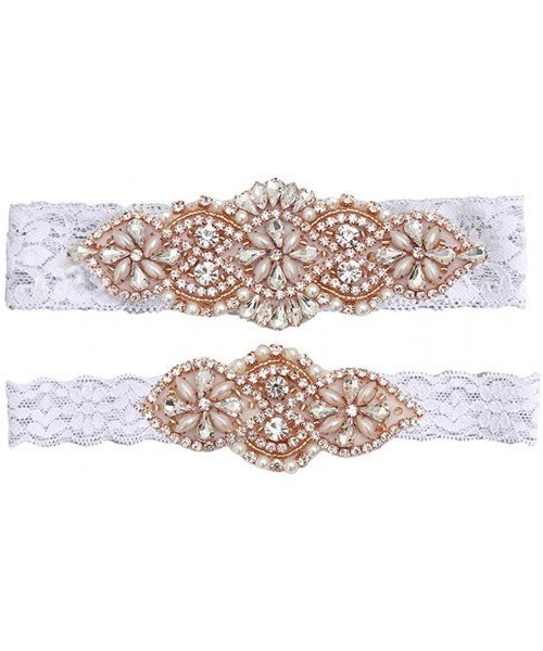 Garters & Garter Belts Handmade Lace Wedding Garter Set for Bride Rhinestones Party Garters - White/Rose Gold Rhinestone - CP...