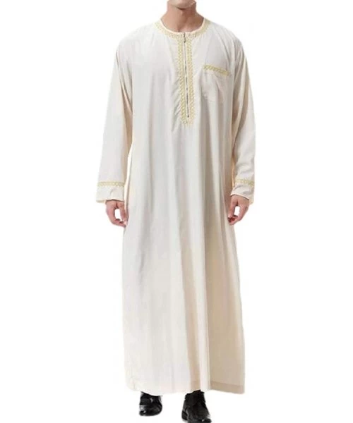 Robes Men Long Sleeve Round Neck Clothing Muslim Shirt Abaya Dubai Long Robe Muslim - Beige - CS18ZERG5K2