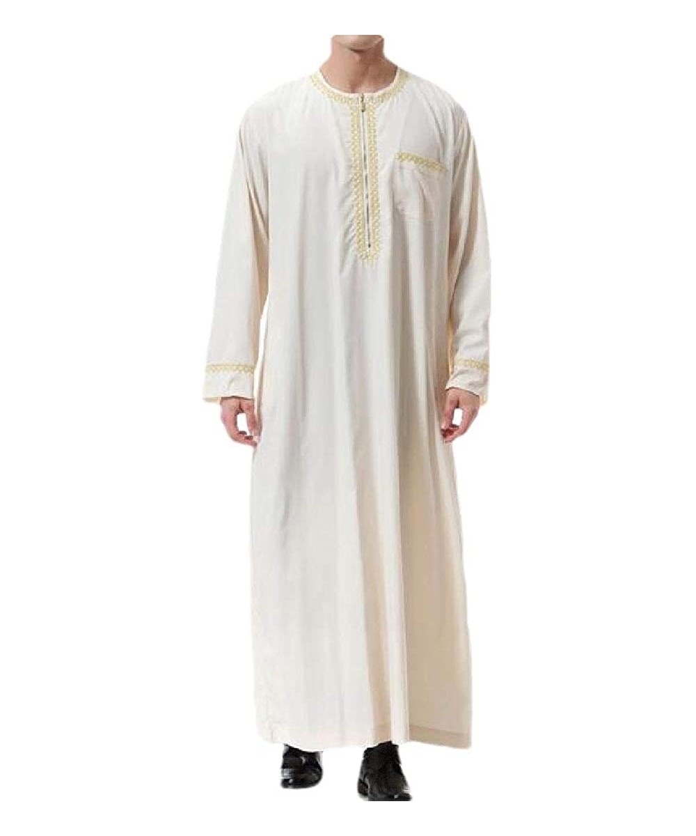 Robes Men Long Sleeve Round Neck Clothing Muslim Shirt Abaya Dubai Long Robe Muslim - Beige - CS18ZERG5K2