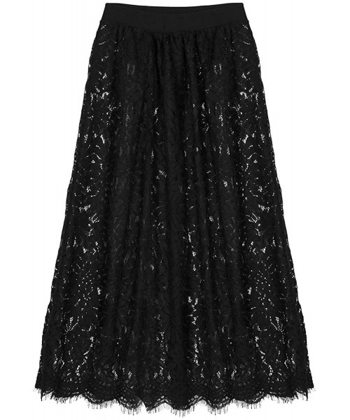 Slips Women Floral Lace Underskirt See Through Sheer Half Slip Under Skirt A-line Midi Skirts - Black - C118U24YGK0