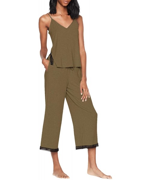 Sets Womens Pajama Sets Short Sleeve Ruffle Trim Sleepwear Tops with Capri Pants Soft Casual Loungewear - B-khaki - CO194T7INO4