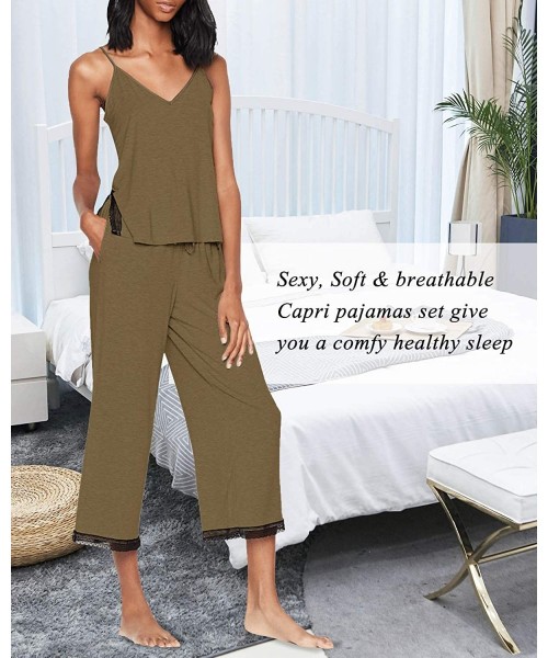 Sets Womens Pajama Sets Short Sleeve Ruffle Trim Sleepwear Tops with Capri Pants Soft Casual Loungewear - B-khaki - CO194T7INO4