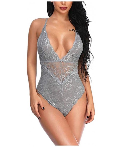 Baby Dolls & Chemises Babydoll Lingerie for Women Women Lingerie Bodysuit Embroidered Lace Teddy One Piece Babydoll - Z1-grey...