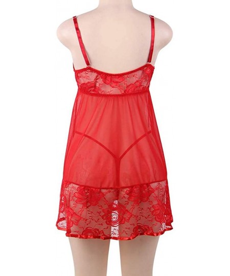 Baby Dolls & Chemises Mini V Neck Teddy Babydoll Women's Lace Lingerie Set with G-String - Red-3 - C1190KZCIR9