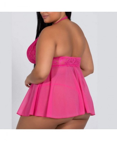 Bras Pajamas Set Women Lace Lingerie Bowknot Sleepwear Underwear Lace Dress G-String Nightdress - Hot Pink - CN18XEUY97X