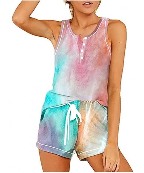 Thermal Underwear Womens Tie-Dye Button Sleeveless Tank Top Shorts Pajamas Set Sleepwear Leisure Nightwear Pjs S-2XL - Multic...