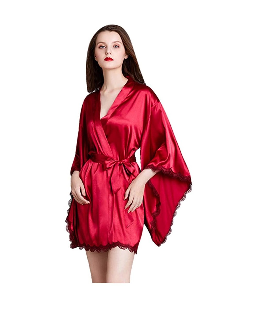 Shapewear Women Sexy Robe Satin Short Nightdress Silk Lace Lingerie Nightgown Sleepwear - CO1955L5EQU