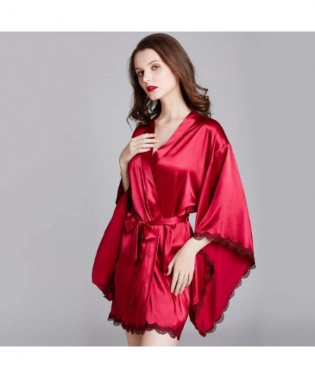 Shapewear Women Sexy Robe Satin Short Nightdress Silk Lace Lingerie Nightgown Sleepwear - CO1955L5EQU
