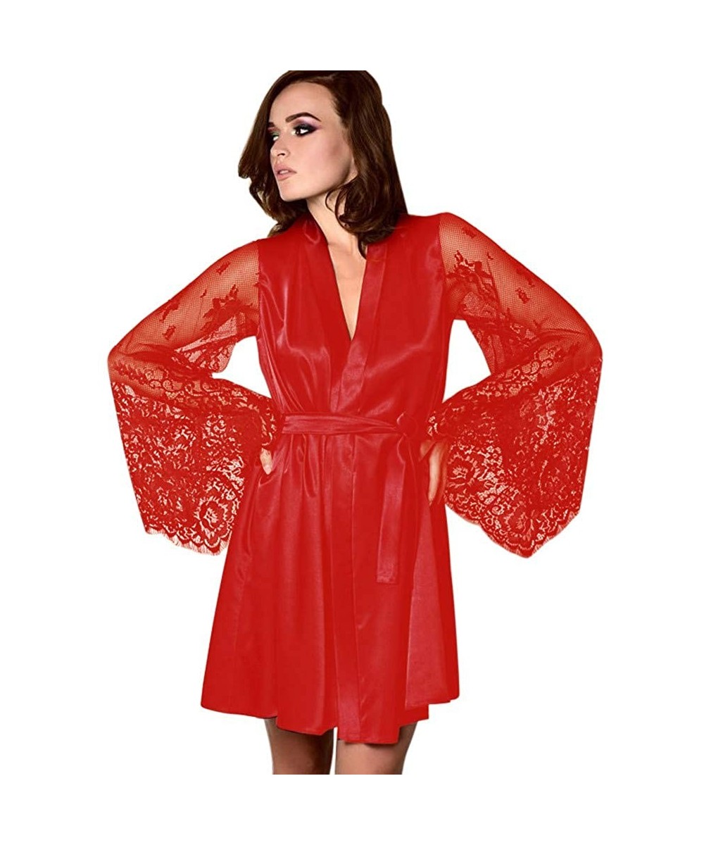 Robes New Charming Women's Sexy Bathrobe Lace Long-Sleeved Belt Underwear Nightdress Robe - Red - CM18N9ZCWN2