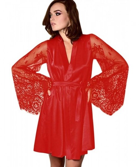 Robes New Charming Women's Sexy Bathrobe Lace Long-Sleeved Belt Underwear Nightdress Robe - Red - CM18N9ZCWN2