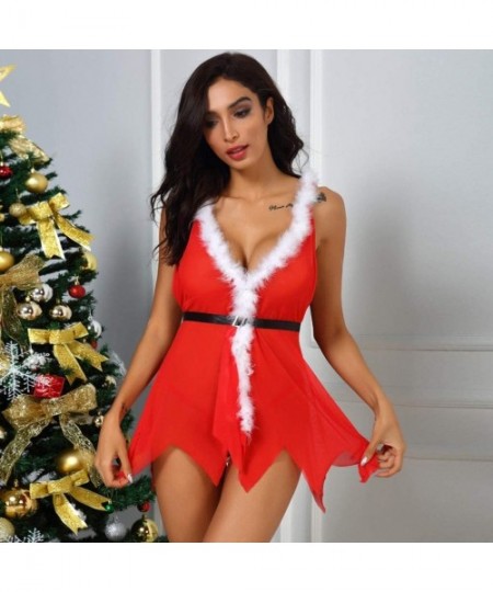 Bras Women Sexy Bodysuit Christmas V-Neck Lace Red Velvet Bodysuit Backless Lingerie Babydoll Mini Dress - Red - CN192UHNR0O