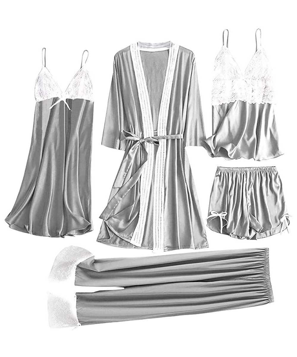 Nightgowns & Sleepshirts Women's 5PCS Silk Satin Pajama Set Cami Top Nightgown Lace Sleepwear Robe Sets Sexy Nightdress with ...
