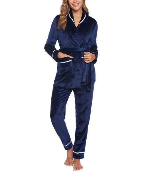 Robes Women's Plush Fleece Pajamas Set Long Sleeve Button-Down Sleeping PJ Set with Pockets - Navy Blue - CT18ZSNYEY8
