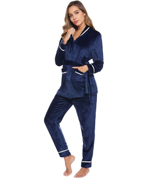 Robes Women's Plush Fleece Pajamas Set Long Sleeve Button-Down Sleeping PJ Set with Pockets - Navy Blue - CT18ZSNYEY8