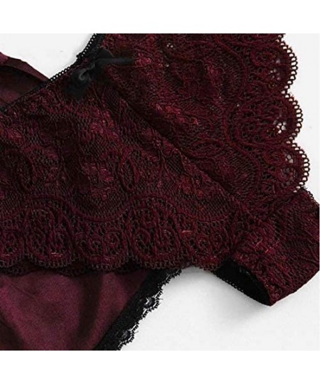 Sets Womens Silk Pajamas Sexy Satin Lingerie Lace Shorts Set Women Underwear Sleepwear - Red - CY193Q5ECO7