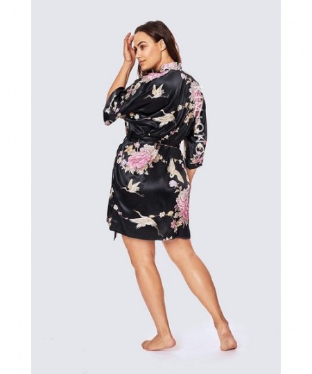 Robes Plus Size Women's Satin Kimono Robe Short - Floral - Chrysanthemum & Crane - Black - CG19CUKLAK4
