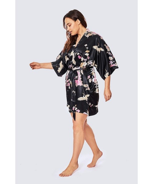 Robes Plus Size Women's Satin Kimono Robe Short - Floral - Chrysanthemum & Crane - Black - CG19CUKLAK4
