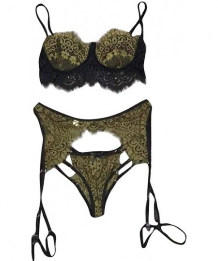 Slips 3-Pc Women Lace Sexy Lingerie Straps Bra and Panty Garter Set Underwear Babydoll - Green - CY195AQT5R9