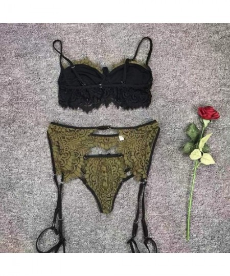 Slips 3-Pc Women Lace Sexy Lingerie Straps Bra and Panty Garter Set Underwear Babydoll - Green - CY195AQT5R9