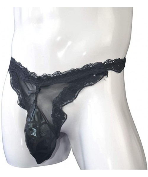 G-Strings & Thongs Mens Sexy Pouch G-String Underwear- Jockstraps Y-Back Panties Lace Seethrough Bulge Thong - Black - CI1945...