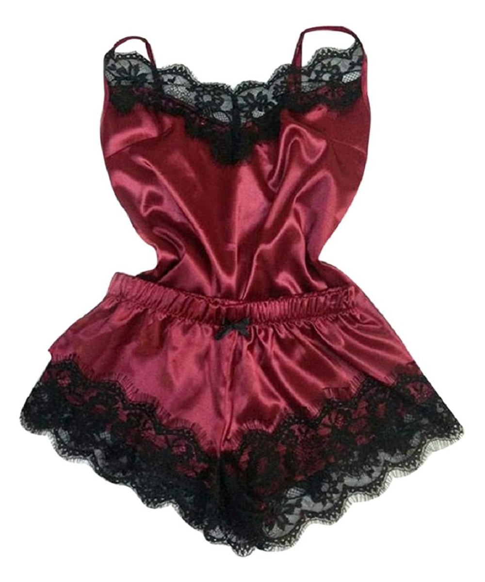 Sets Lace Cami Top with Shorts - Women Satin Pajama Set Lace Frill Trim Spaghetti Strap Camisole Pjs Set - Red - Black Lace T...