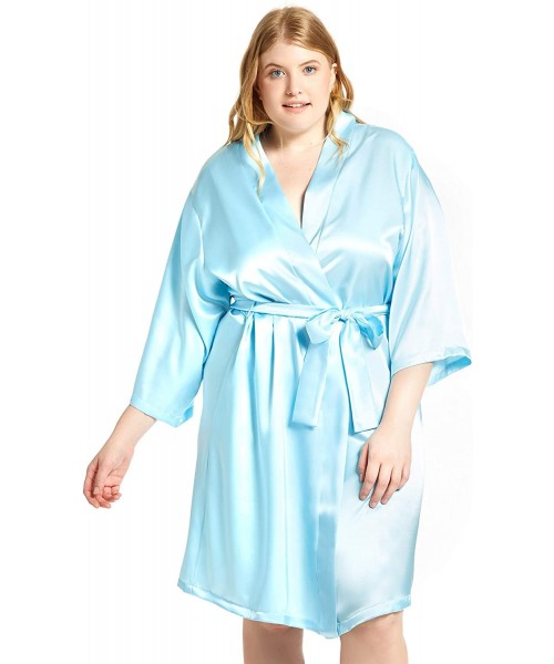 Robes Women's Satin 3/4 Sleeve Plus Size Kimono Robe Matching Sash Regular/Long Length - Light-blue - CO18G602G9U