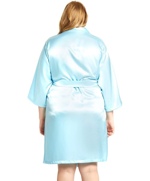 Robes Women's Satin 3/4 Sleeve Plus Size Kimono Robe Matching Sash Regular/Long Length - Light-blue - CO18G602G9U