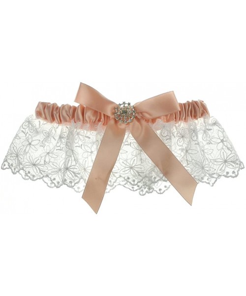 Garters & Garter Belts Floral Lace Scalloped Ruffle Crystal Button Bow Satin Wedding Garter - Peach - CO11WYWI3VH