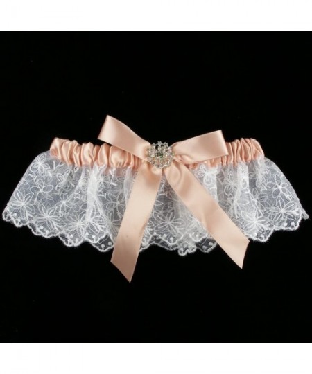 Garters & Garter Belts Floral Lace Scalloped Ruffle Crystal Button Bow Satin Wedding Garter - Peach - CO11WYWI3VH