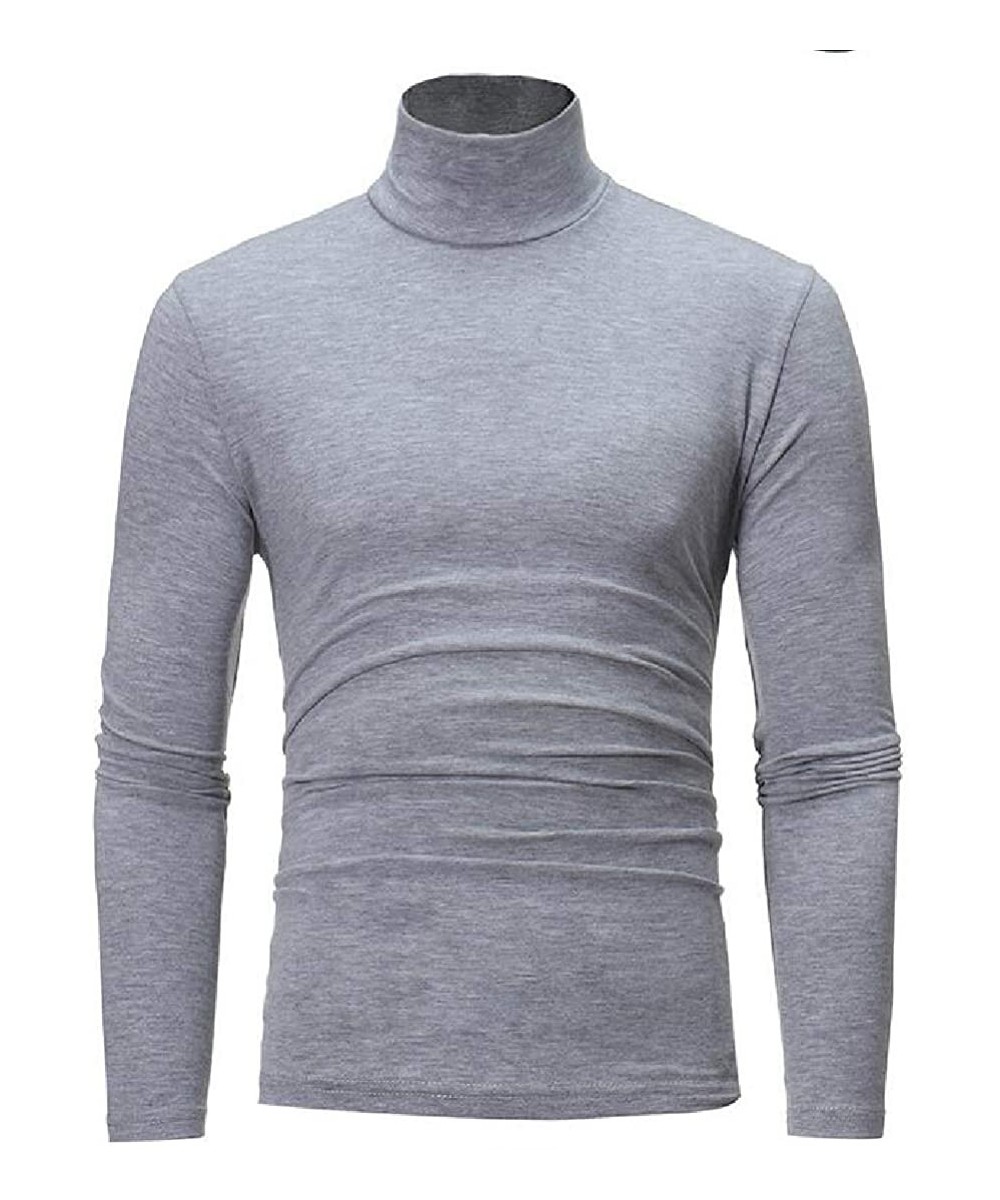 Thermal Underwear Men Turtle Neck Fall Winter Long Sleeve Solid Color Slim Base Layer Compression T-Shirt Tee - Light Grey - ...