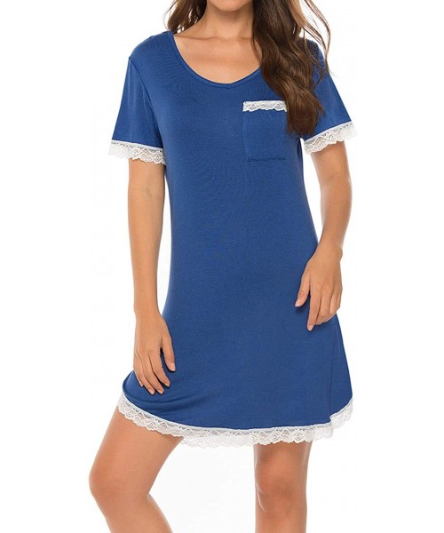 Nightgowns & Sleepshirts Womens Short Sleeve Sleepwear Sleep Dress Pajamas Lace Trim Nightgown - Blue - CT18W54G4KC