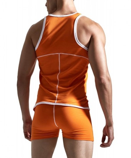 Undershirts Men's Sexy One Piece Tank Top w/Shorts Underwear Bodysuit Sleepwear Set - Orange - C512K40O3UF