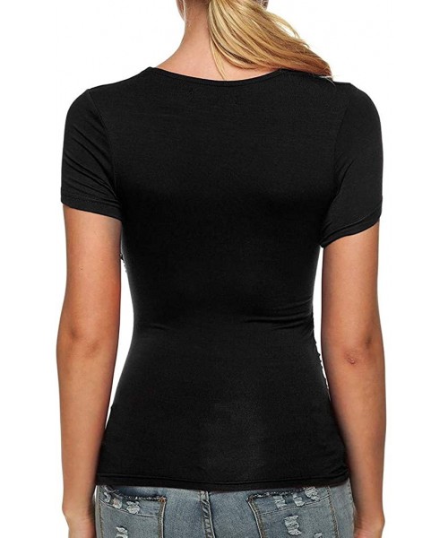Tops Fashion Women Solid Round Neck V-Neck Short Sleeve Cross Comfy Overlap Fold Casual Holiday Top Summer Sexy T-Shirt Vacat...