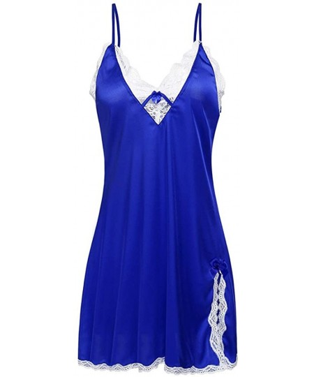 Garters & Garter Belts Women Lingerie Sexy Lace Silk Nightwear Robe Babydoll Sleepwear Dress Straps Chemise - Z-blue - CQ1948...
