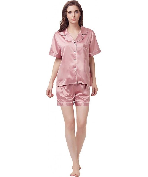 Sets Womens Silk Satin Pajamas Set Shorts Sleepwear Button Down Two Piece Nightwear Soft Pj Sets Loungewear .Rose Gold - C819...