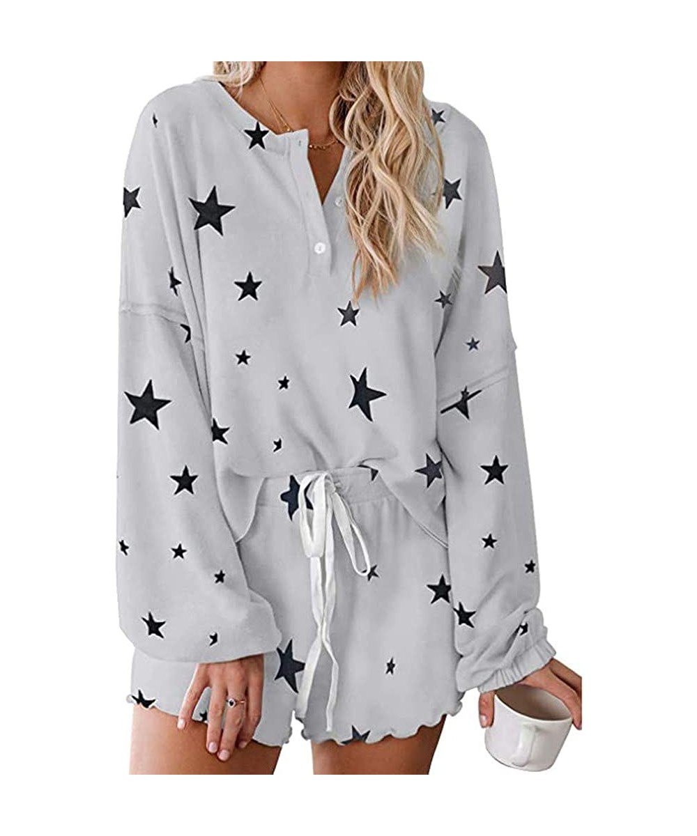 Sets Pajamas for Women Shorts Set Two Piece Tie Dye Lounge Sets Long Sleeve Tops and Shorts Pajama Set for Women R grey - CQ1...