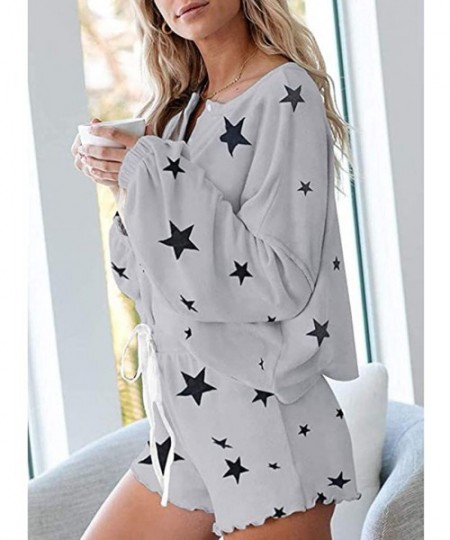 Sets Pajamas for Women Shorts Set Two Piece Tie Dye Lounge Sets Long Sleeve Tops and Shorts Pajama Set for Women R grey - CQ1...