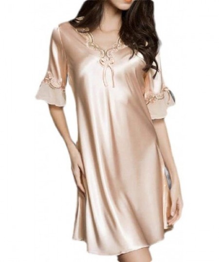Nightgowns & Sleepshirts Womens Satin Comfy V-Neck Lightweight Solid Color Nightgown Sleep Dress Sleepwear - Apricot - CS19DQ...