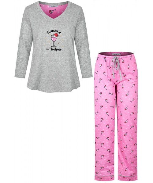Sets Women's Embroidery 3/4 Sleeve Pure Cotton Sleepwear Set with Long Pants - Grey Pink1 Cocktail - CA18YHG7HXG