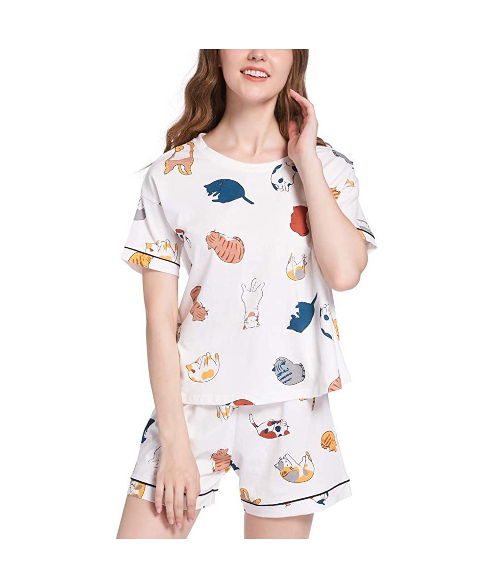 Sets Women's Fashion Dog Print Sleepwear Tee and Shorts Cute Cat Pattern Pajama Sets - Cat - CW19DYCMQ4U