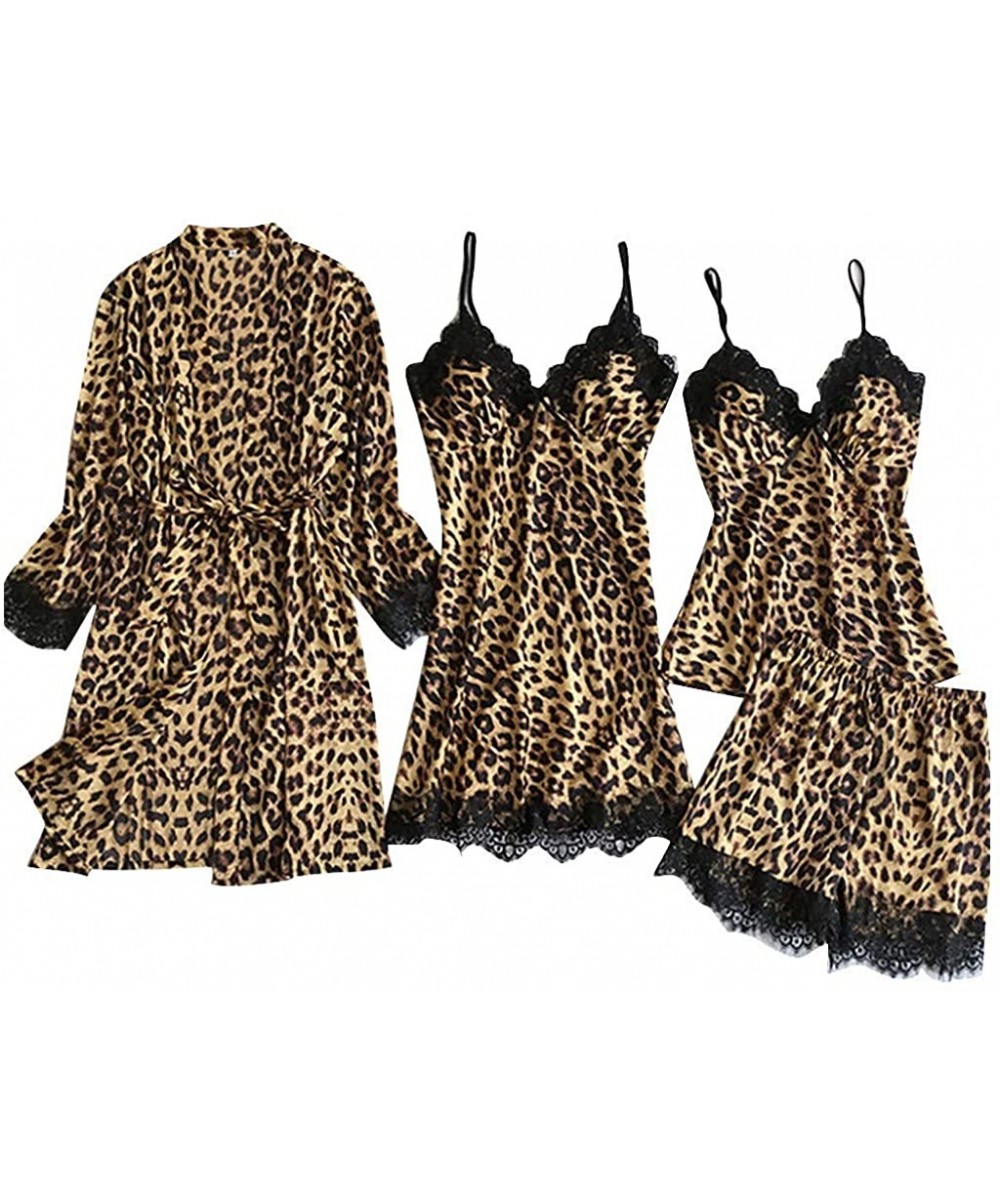 Nightgowns & Sleepshirts Women's 4PCS Satin Pajama Set Cami Dress Nightgown Sleepwear Robe Sets Leopard Lace Nightwear with C...