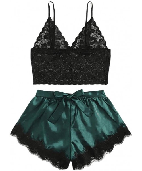 Sets Women Lace Cami Top with Shorts with Panties 2 Piece Set Sexy Lingerie Pajama Set - Green - CC19CME8RN4