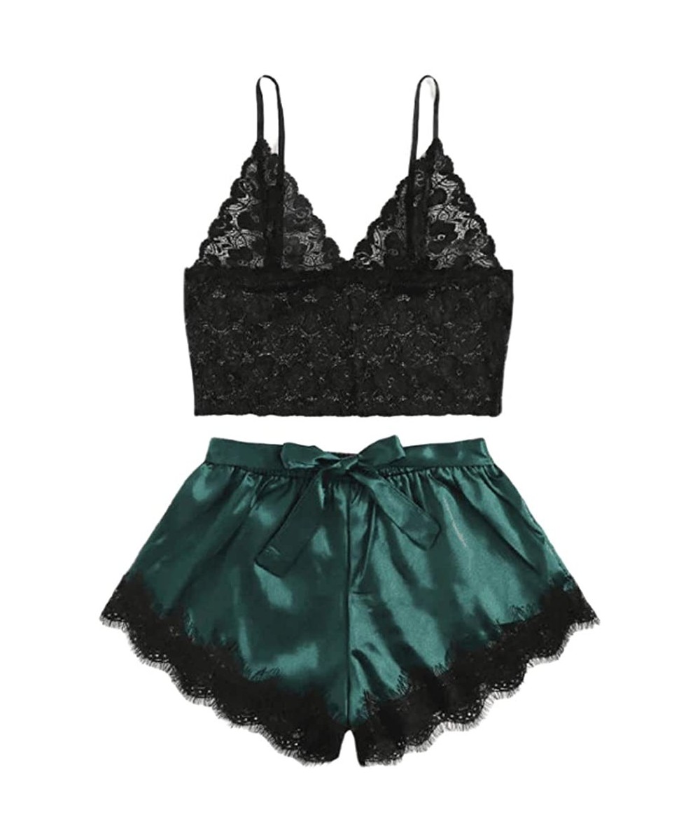 Sets Women Lace Cami Top with Shorts with Panties 2 Piece Set Sexy Lingerie Pajama Set - Green - CC19CME8RN4