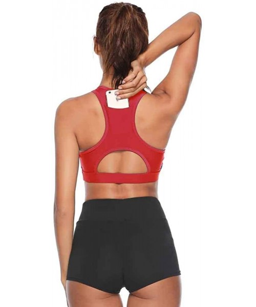 Bras Top Women Sports Bra with Phone Pocket Push Up Underwear Top Female Gym Fitness Running Yoga - Red - CL18AA7U4S4