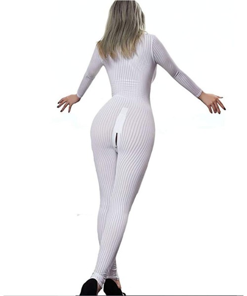 Shapewear Long Sleeves Bodystocking Stripe Double Zipper High Elastic Bodysuit Nightclub Performance Uniform Jumpsuit - White...